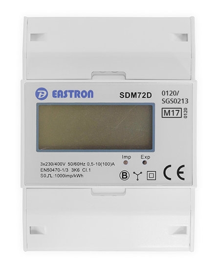 Denne kWh-måleren kan enkelt leses av for eksempel en CEMM pluss, på grunn av den innebygde Modbus / RS485-utgangen. Eastron SDM72D Modbus MID er egnet for maksimalt 100 ampere kontinuerlig.